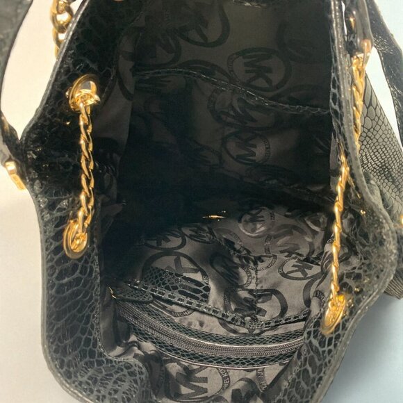 Michael Kors Black Python-Embossed Leather Tote Gold Chain Straps & Logo Charm - Picture 4 of 11